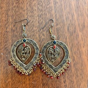 Gold-Tone Teardrop Earrings with Red Accents